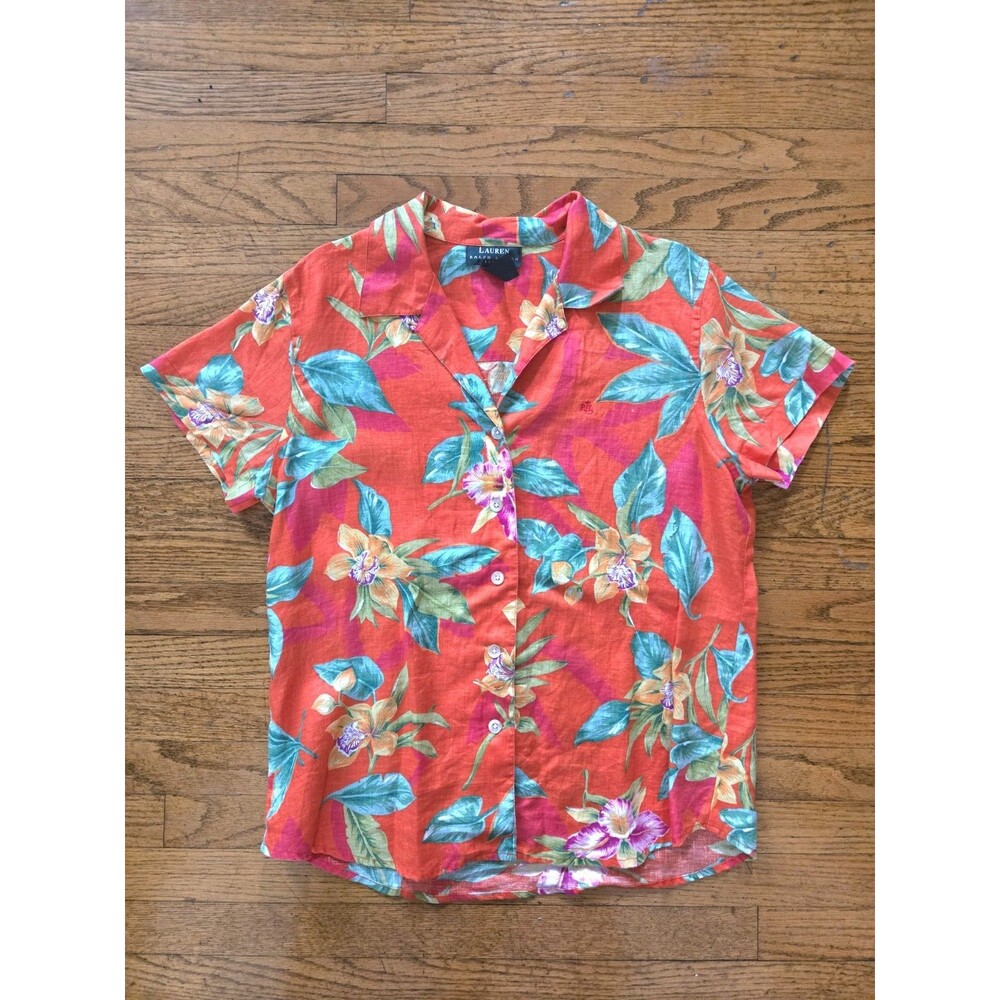 Ralph Lauren Petite Medium Hawaiian Shirt Linen Vintage Orange Floral Button Up